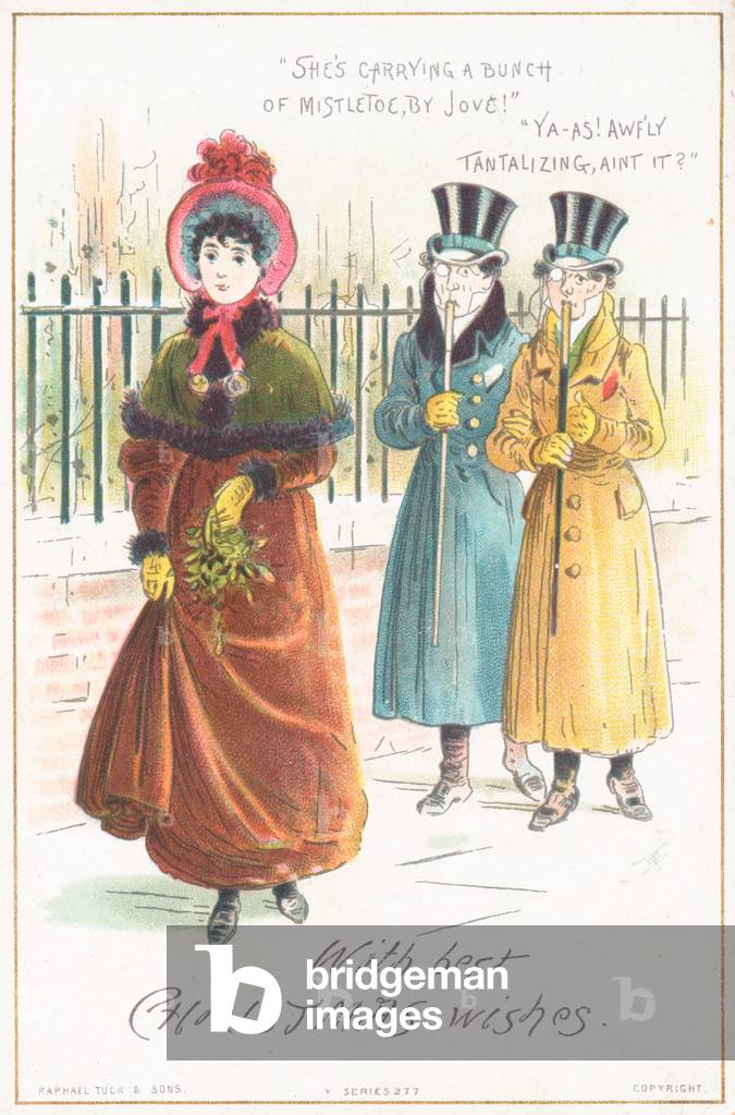 Woman carrying bunch of mistletoe, Christmas Card (chromolitho)
