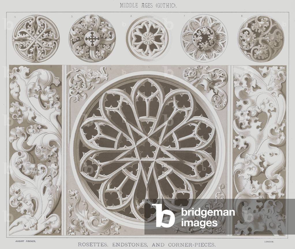 Middle Ages, Gothic, Rosettes, endstones, and corner-pieces (colour litho)