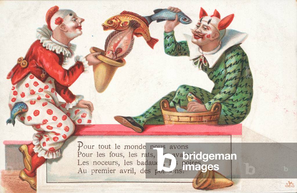 Clowns juggling fish for 1 April (chromolitho)