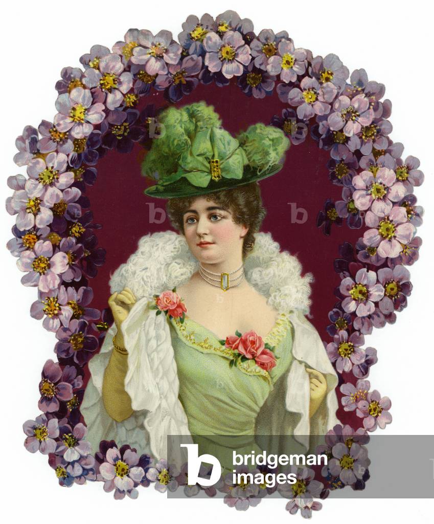 Decoration featuring a portrait of a woman (colour litho)