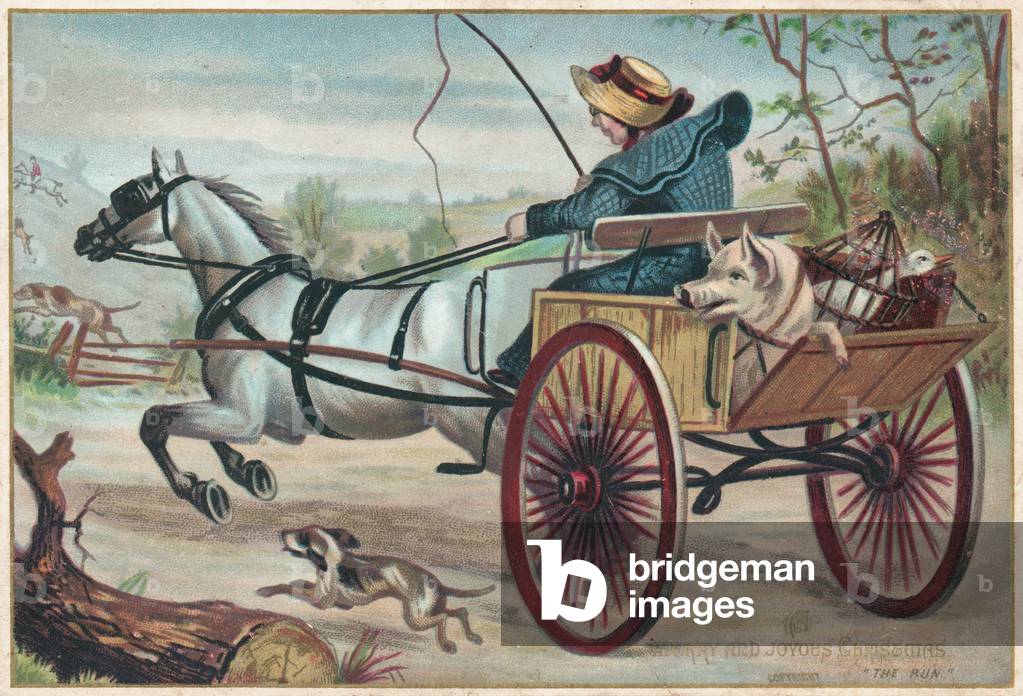Galloping Horse and Cart, Christmas Card (chromolitho)