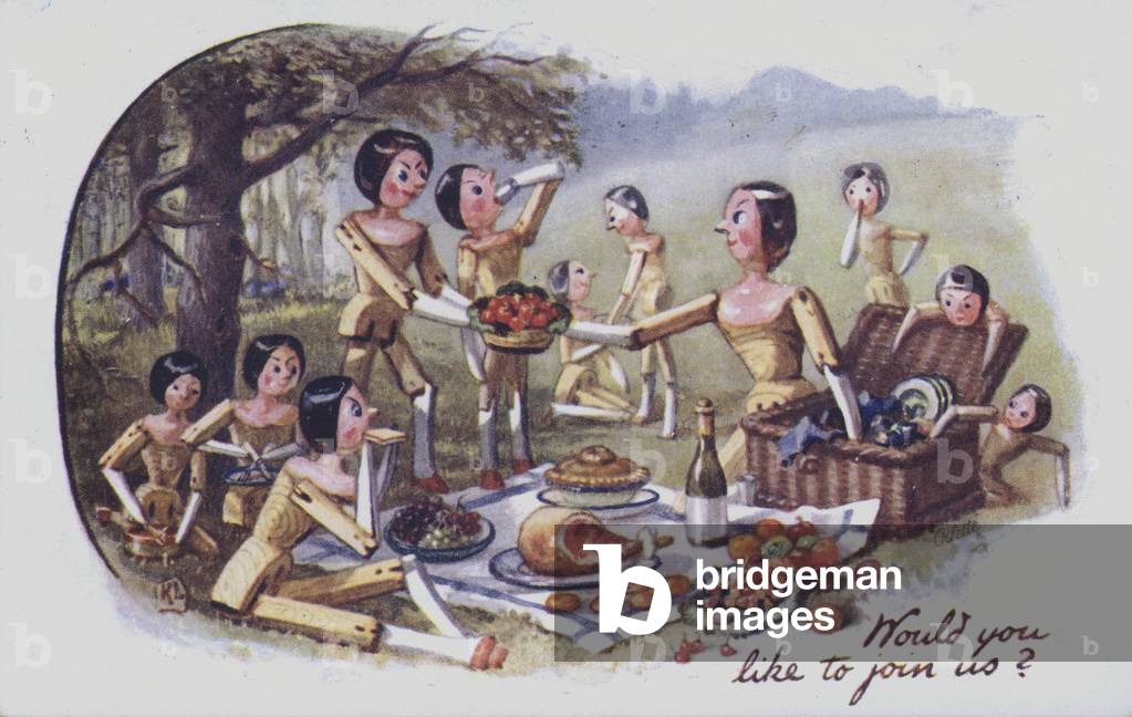 A group of dolls having a picnic. (colour litho)