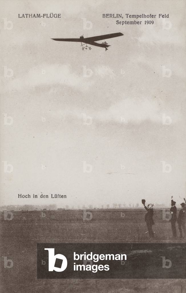 French aviator Hubert Latham flying over Tempelhof airfield, Berlin, September 1909 (b/w photo)