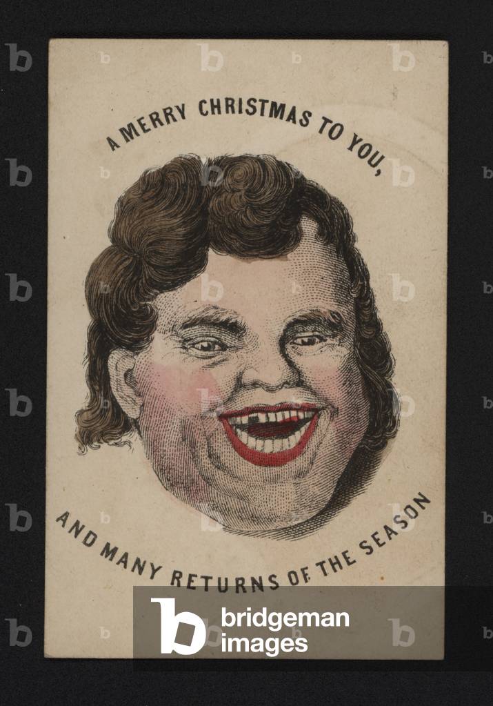 Face of a laughing man, Christmas greetings card, late 19th Century (coloured engraving)