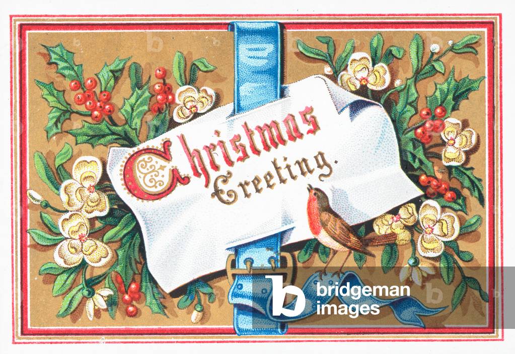 Robin with message and flowers, Christmas Card (chromolitho)