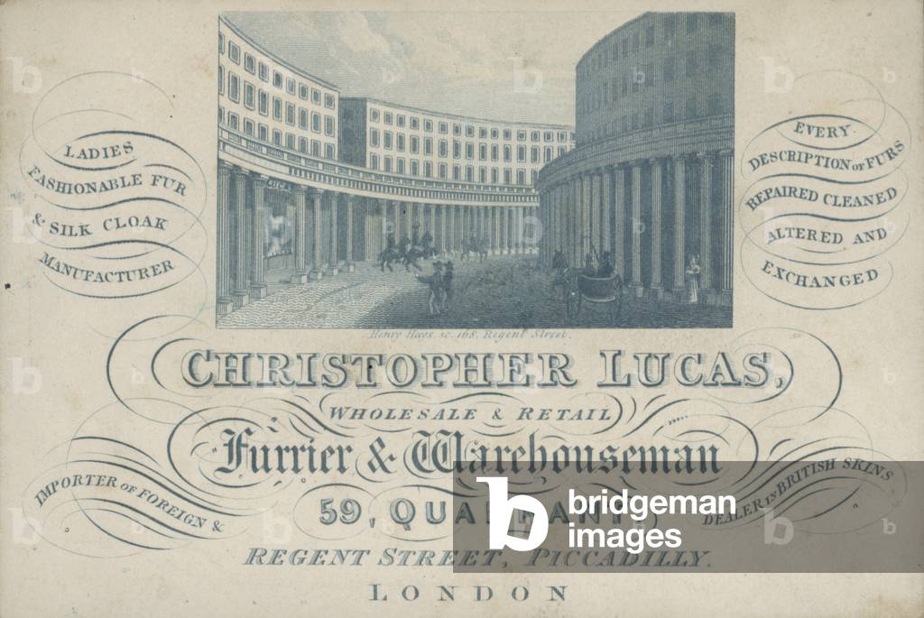 Trade card advertising Christopher Lucas, wholesale and retail furrier and warehouseman, 59, Quadrant, Regent Street, Piccadilly, London (engraving)