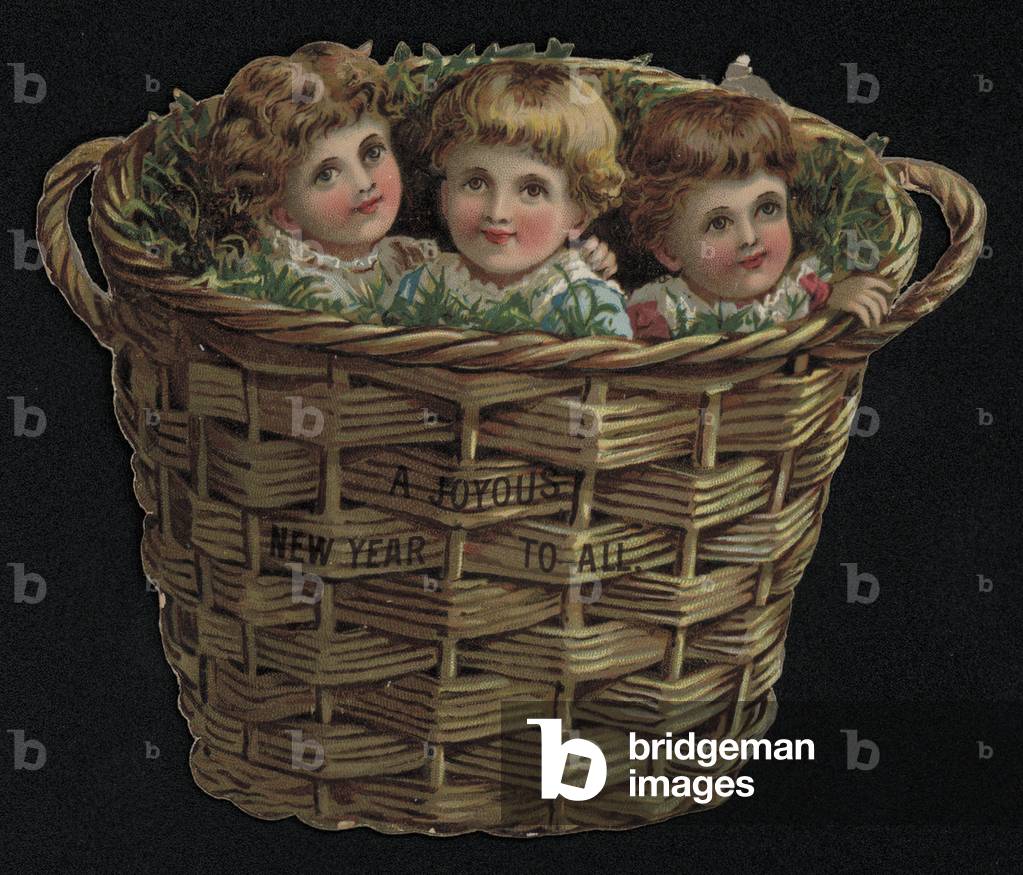 Three children in a basket, New Year's greetings card. (chromolitho)