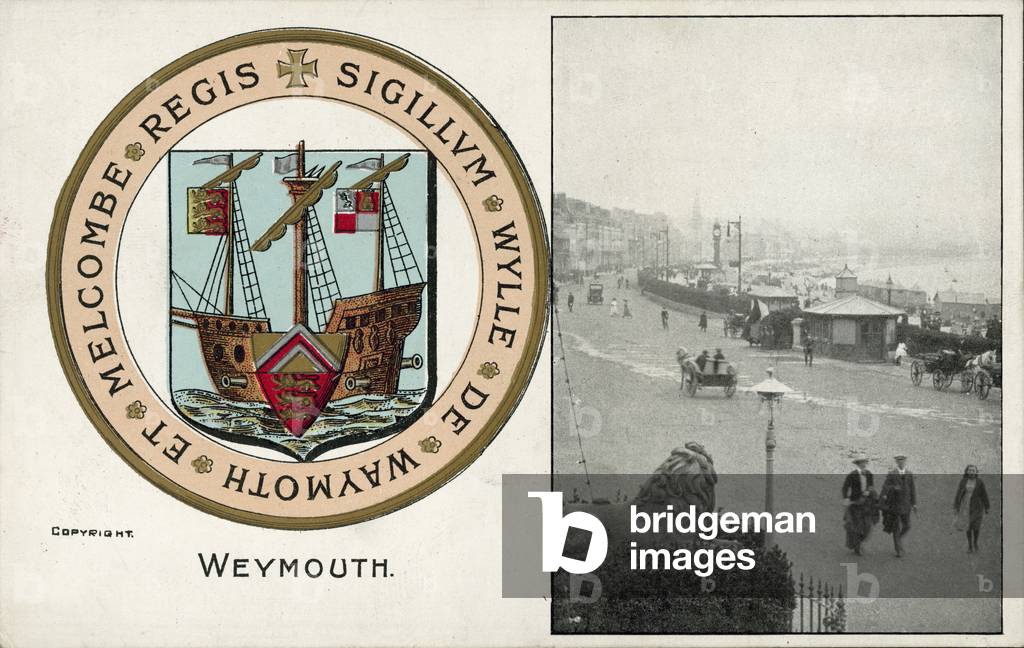 The seafront and coat of arms of Weymouth, Dorset (b/w photo)