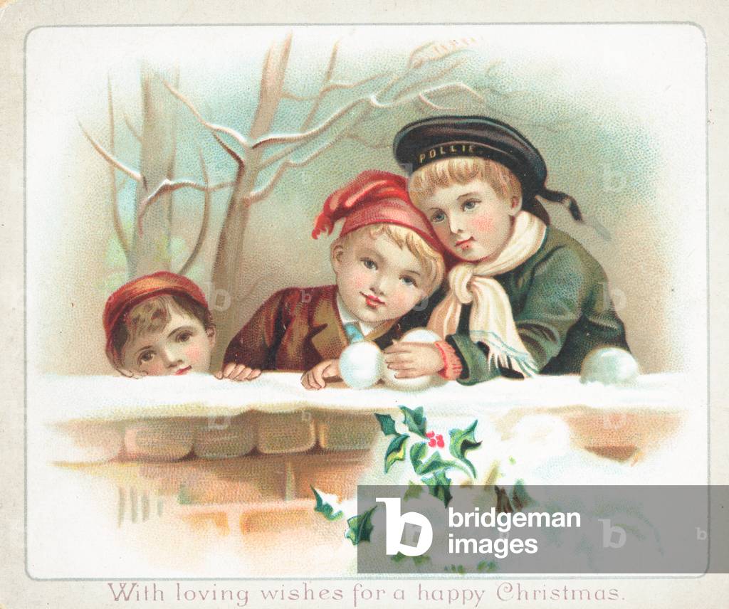 Lining-up snowballs on the wall, Christmas Card (chromolitho)