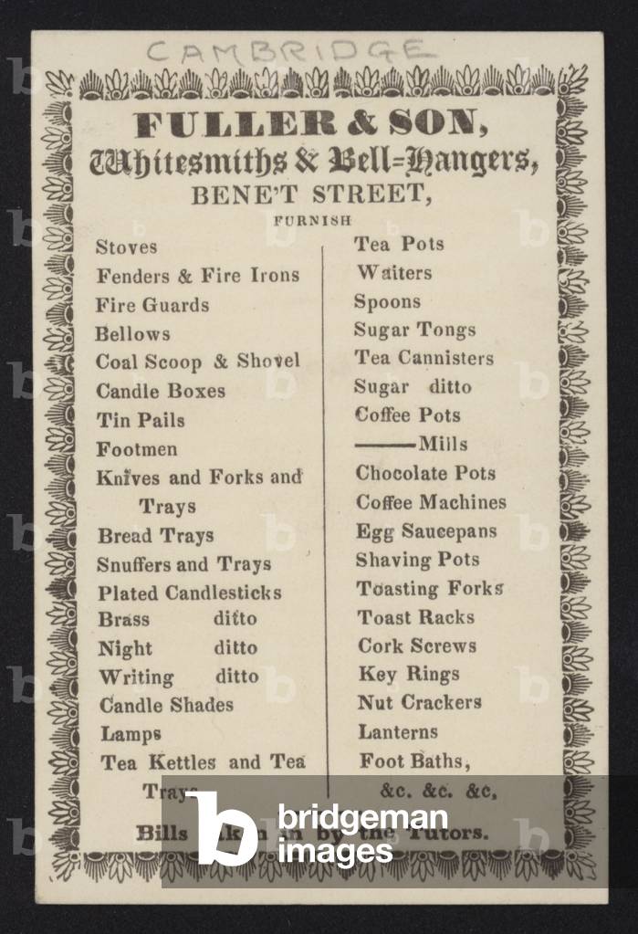 Advertisement for Fuller & Son, whitesmiths and bell hangers, Benet Street, Cambridge, Cambridgeshire (engraving)
