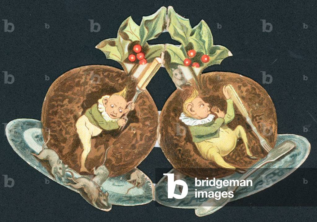 Two Plum Puddings, Christmas Card (chromolitho)