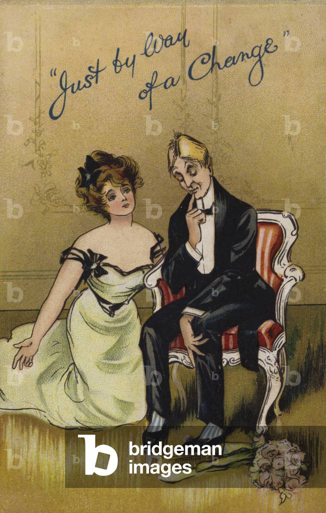 Woman pleading with her husband or boyfriend for forgiveness (chromolitho)