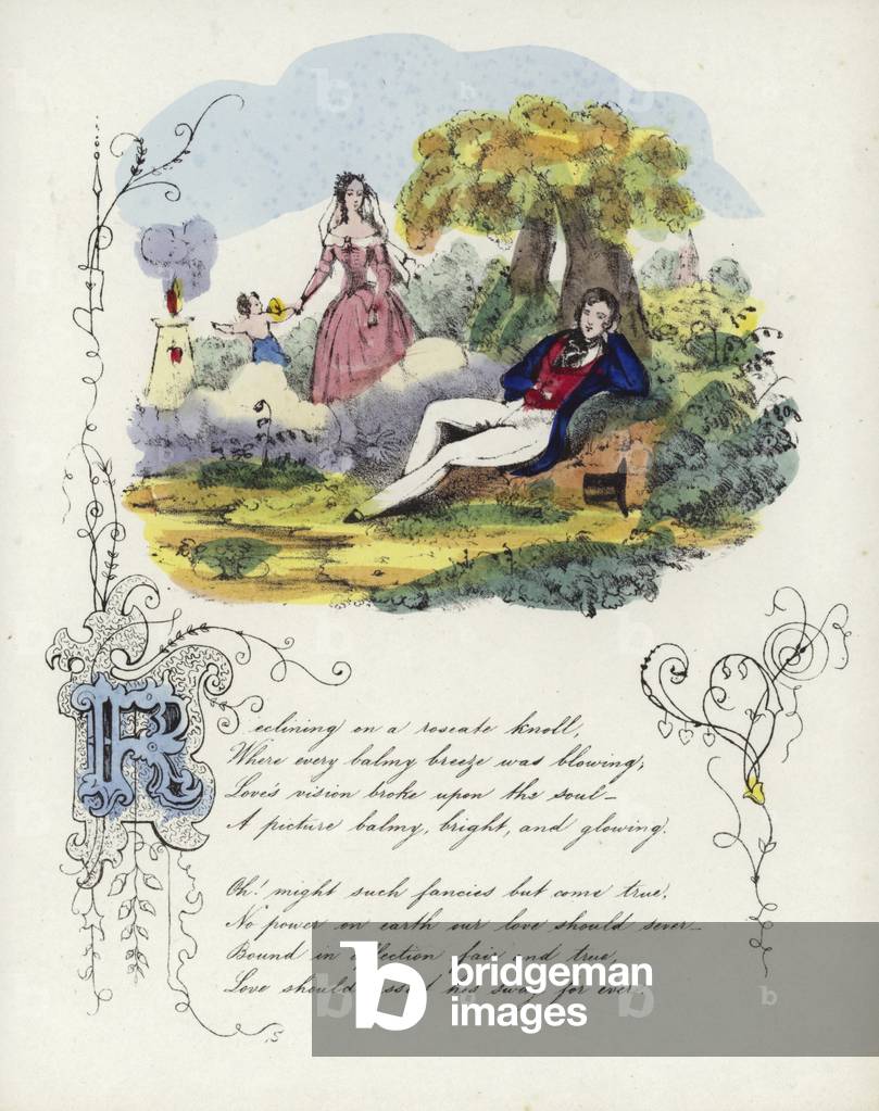 British Valentine card with an image of a man and a woman in a garden with a cherub (colour litho)