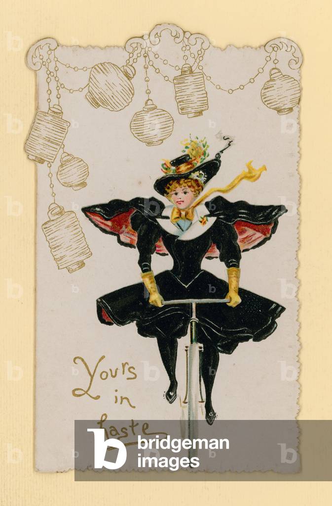 Yours In Haste card, with girl on bicycle (chromolitho)
