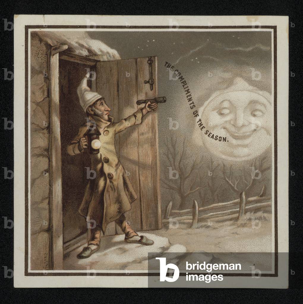 Man in his nightclothes being greeted by the Moon, Christmas greetings card (chromolitho)