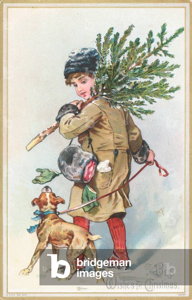 Girl with dog carrying Christmas Tree, Christmas Card (chromolitho)