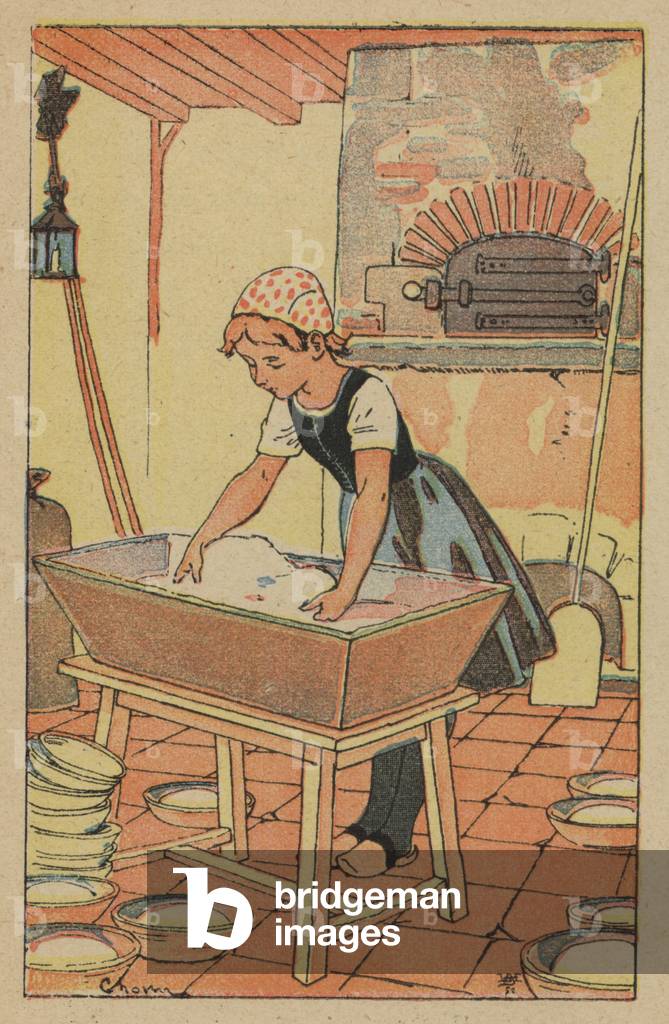 Young girl preparing dough to make bread (colour litho)