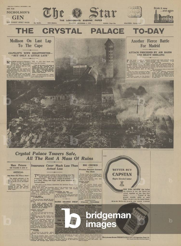 Destruction of the Crystal Palace, Sydenham, by fire (b/w photo)