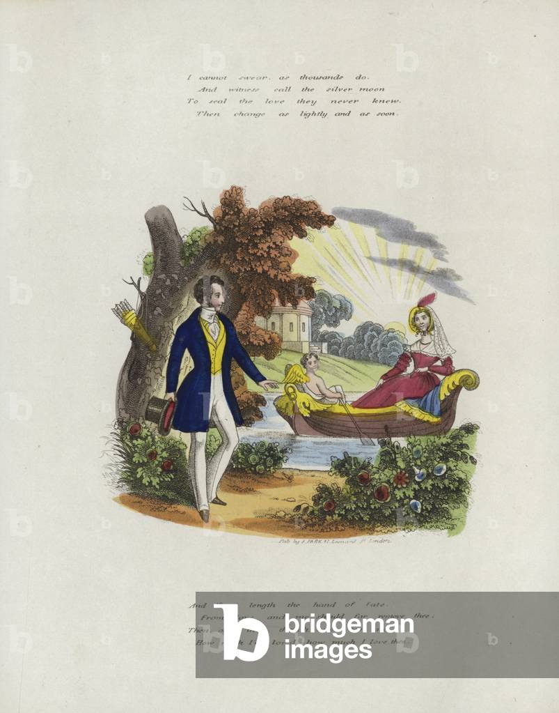 British Valentine card with an image of a cherub rowing a woman in a boat (colour litho)
