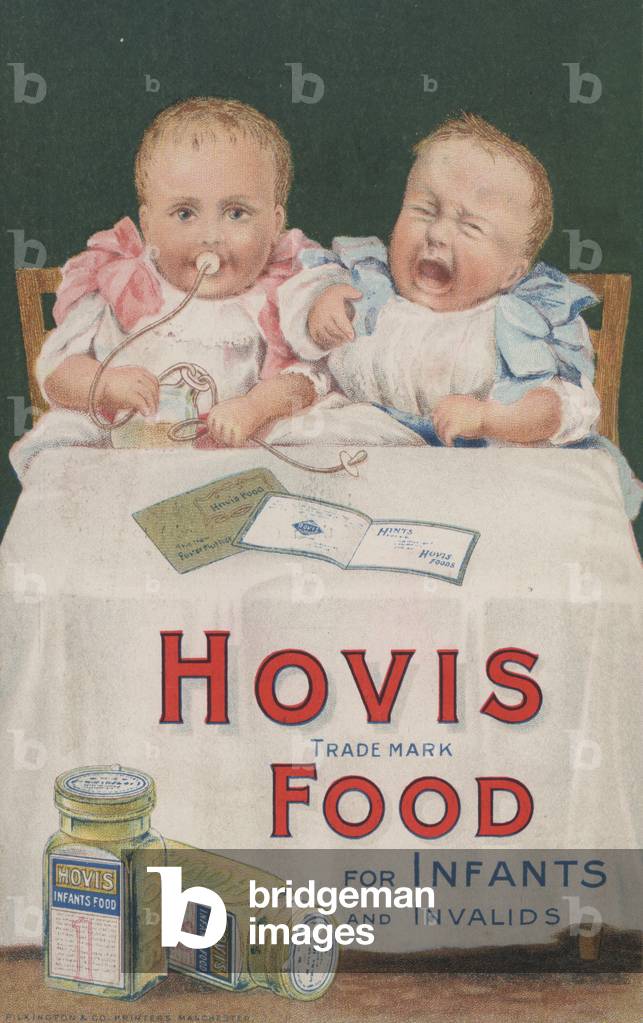 Two babies sitting at a dinner table : advertisement for Hovis food for infants and invalids (chromolitho)
