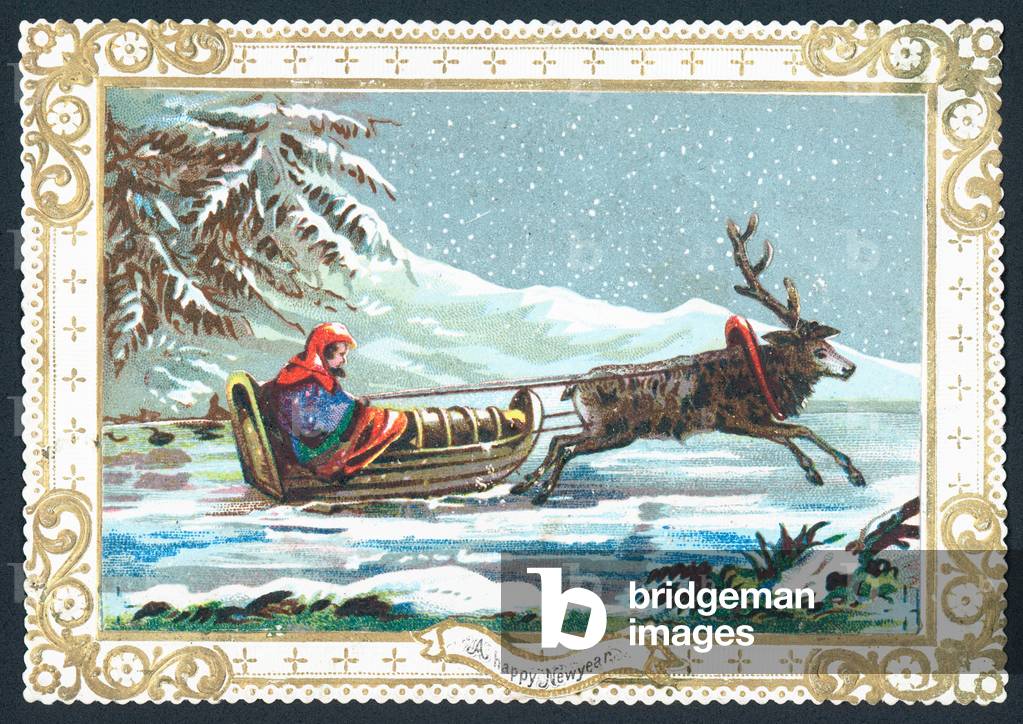 Reindeer pulling sledge, New Year Card (chromolitho)