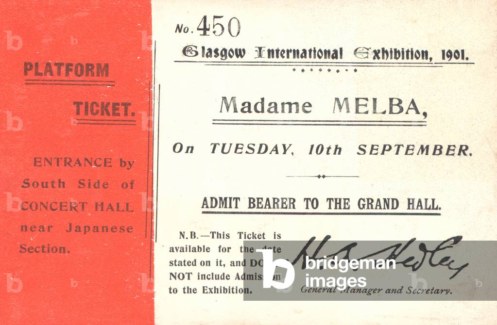 Ticket to hear Nellie Melba at the Glasgow International Exhibition, 1901 (print)