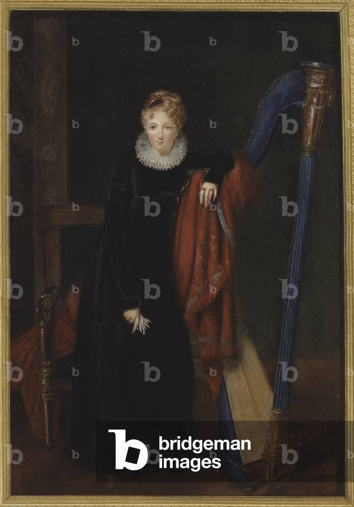 Portrait of a lady with a harp (colour litho)