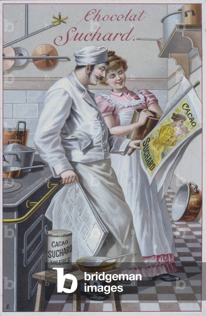 Kitchen scene, advertisement for Suchard cocoa (chromolitho)