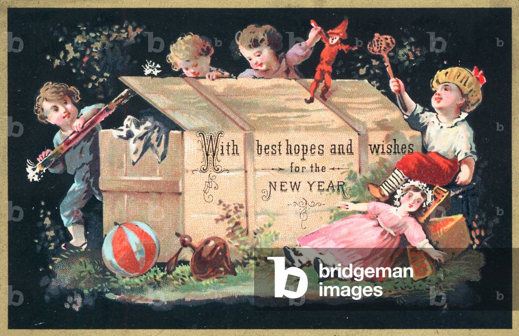 Children taking toys out of wooden chest, New Year Card (chromolitho)