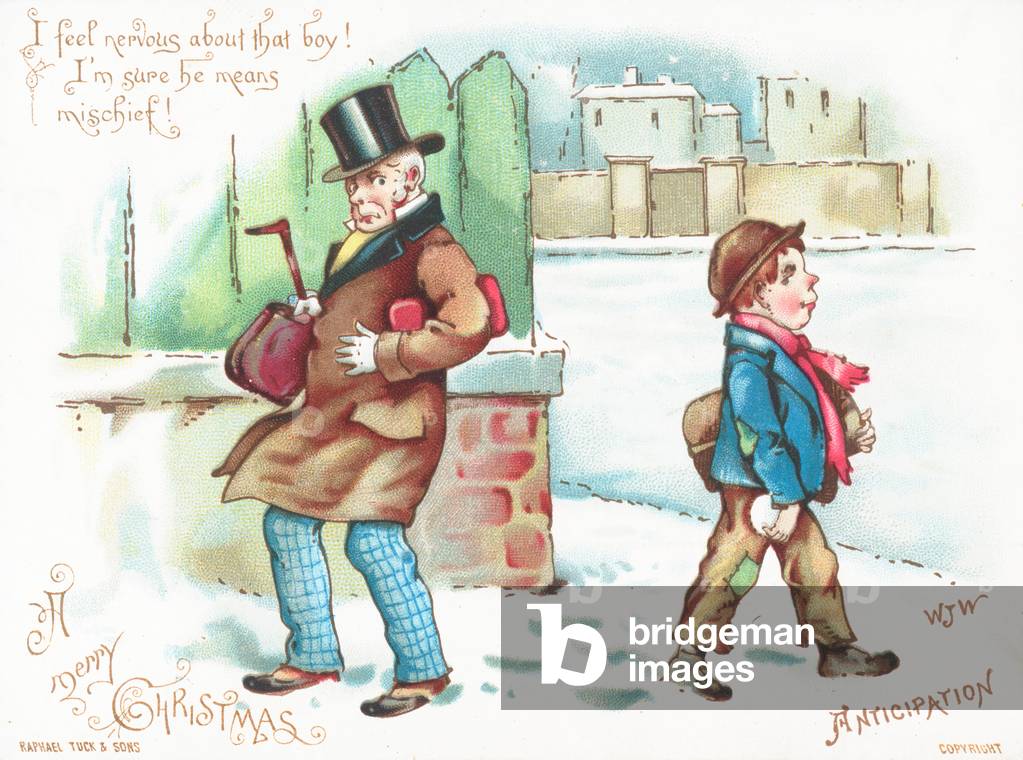 Anticipation! Man feeling threatened! Christmas Card (chromolitho)