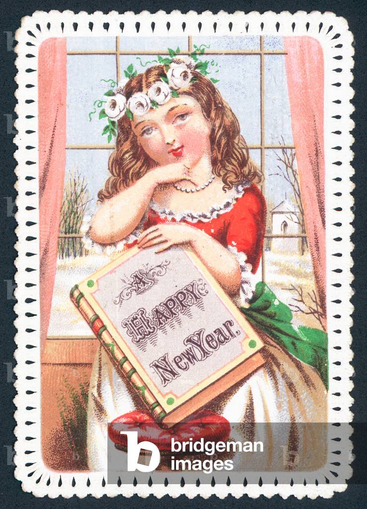 Girl holding book, New Year Card (chromolitho)