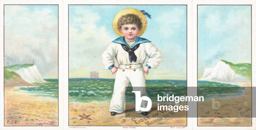 Sailor Boy on the beach, Christmas Card. (chromolitho)
