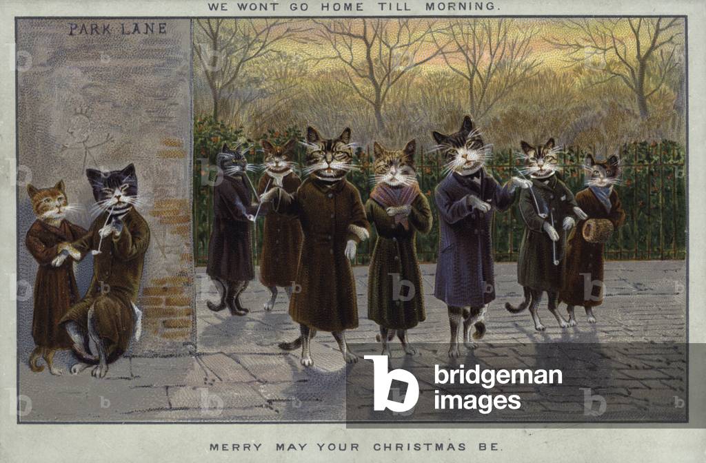 Anthropomorphic cats on Park Lane, London (chromolitho)