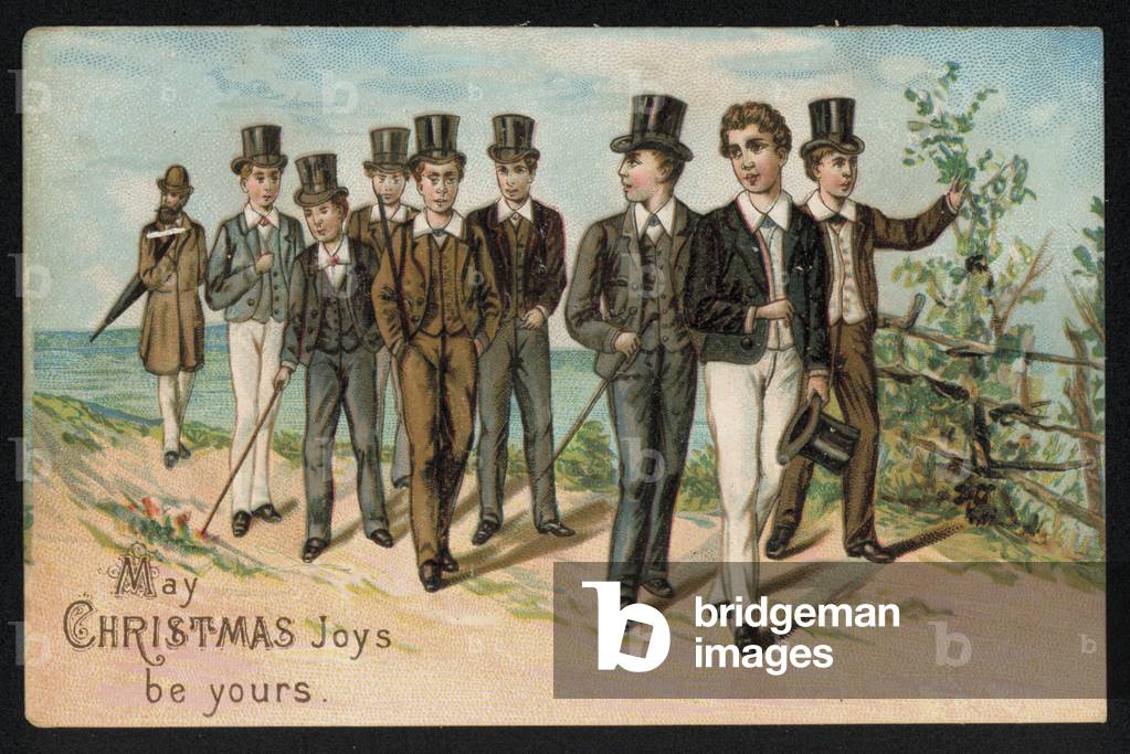 Gentlemen walking in the countryside, Christmas greetings card (chromolitho)