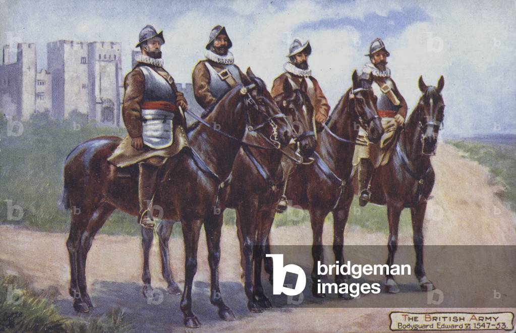 Four mounted horsemen from the bodyguard of King Edward VI, 1547-1553 (colour litho)