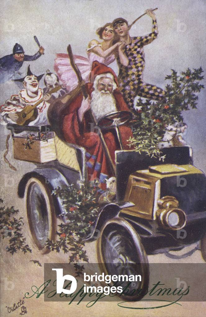 Christmas greetings card depicting Santa Claus driving a vintage car (colour litho)