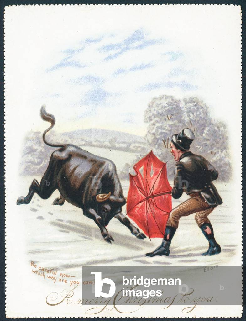 Bull Charging into Red Umbrella, Christmas Card (chromolitho)