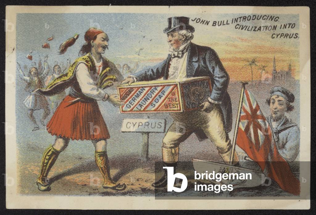 John Bull introducing civilization into Cyprus, advertisement for Higgins German laundry soap (chromolitho)