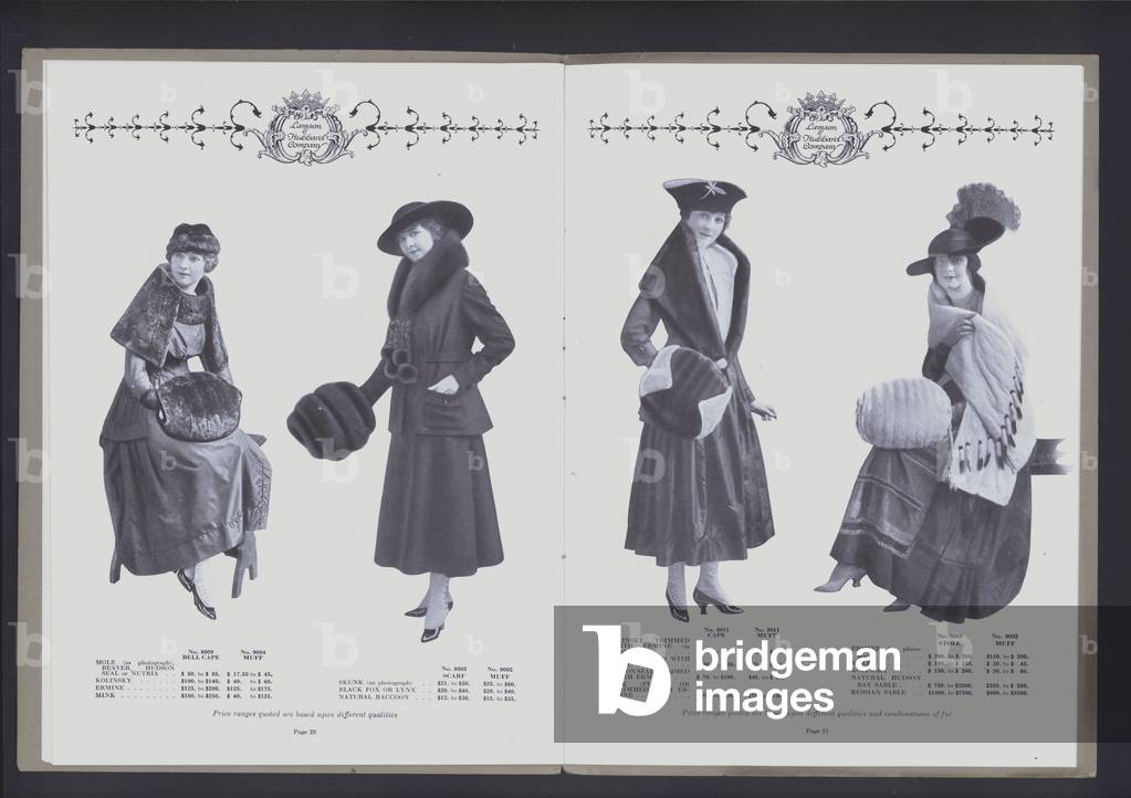 Two-page spread from The Theater of Fur Fashion (b/w photo)