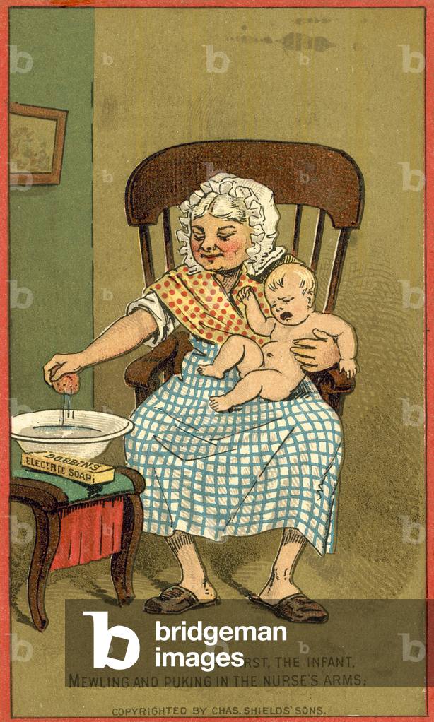 Woman washing baby with Dorbins Electric Soap (colour litho)
