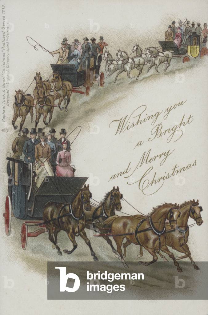 Christmas greetings card depicting a coach ride for ladies and gentleman in period dress. (chromolitho)