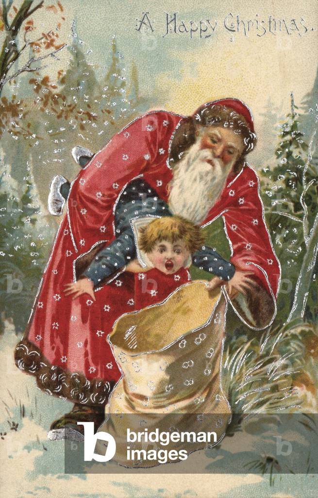 Christmas card, Santa Claus putting a badly behaved boy into a sack (colour litho)