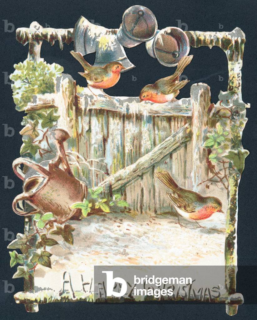 Robins and Ringing Bells, Christmas Card (chromolitho)
