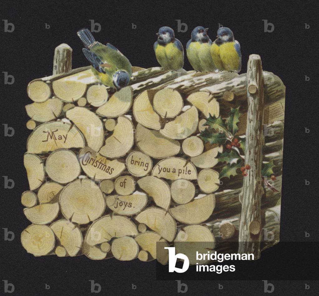 Blue tits on a pile of logs, Christmas greetings card, late 19th or early 20th Century (chromolitho)