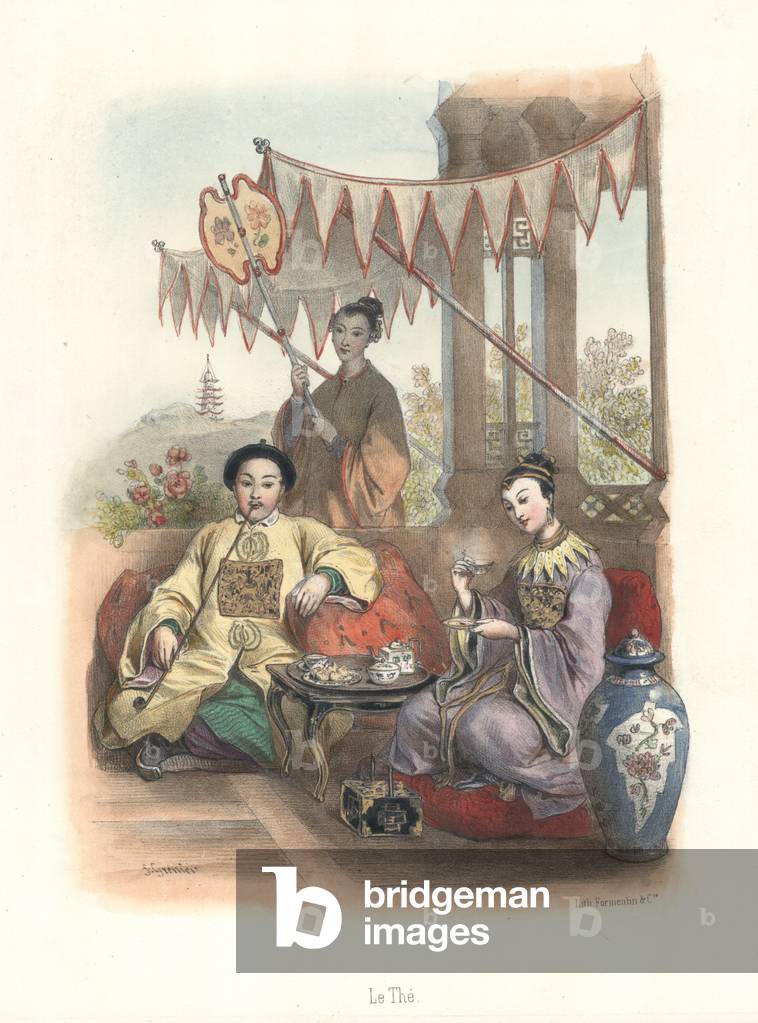 Chinese people drinking tea (colour litho)