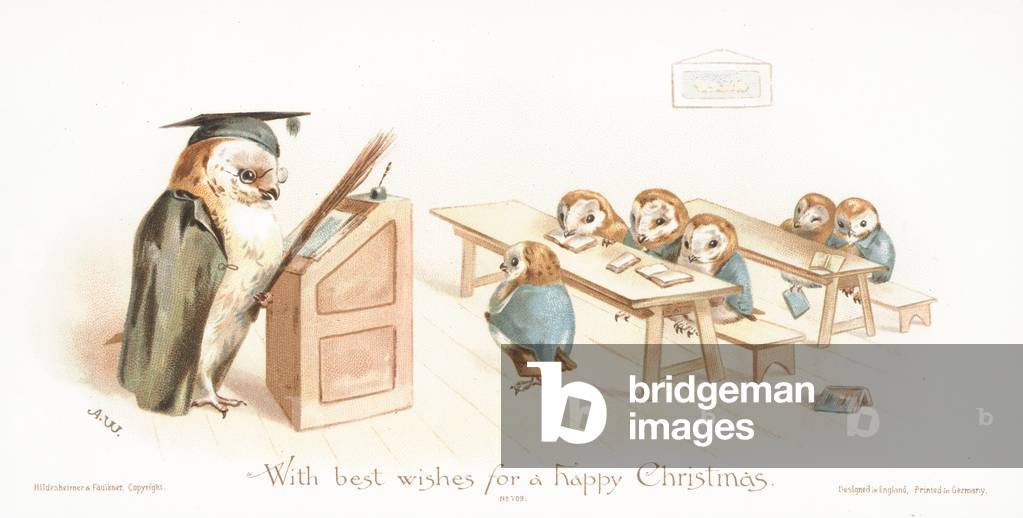 Owl teaching Owlets in classroom! Christmas Card (chromolitho)