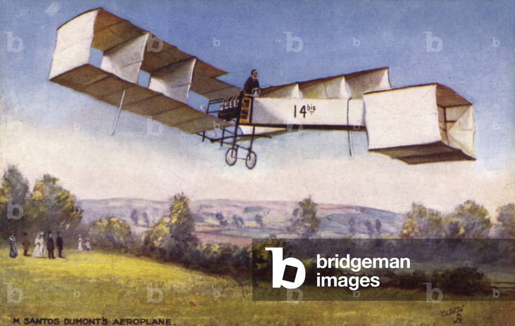 Alberto Santos-Dumont's aeroplane (colour litho)