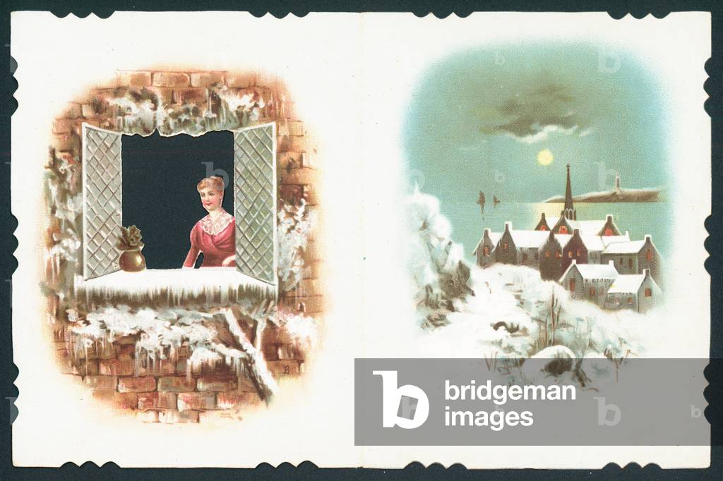 Lady looking out of window and village scene, Christmas Card (chromolitho)