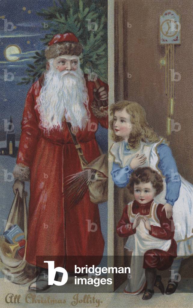 Children waiting for Santa Claus, Christmas card (chromolitho)