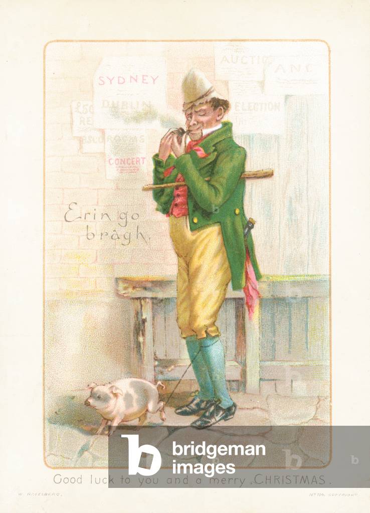 Gentleman smoking pipe and walking pig! Christmas Card (chromolitho)